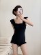 Swimsuit women's black ears with flying sleeves one-piece beautiful ins style small breasts gathered to cover their belly and make them look slimming swimming pool