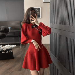 National Style Women's Clothing 2023 Autumn and Winter New Red Toast Dress Senior Sensory Cheongsam Knit Dress Sweater