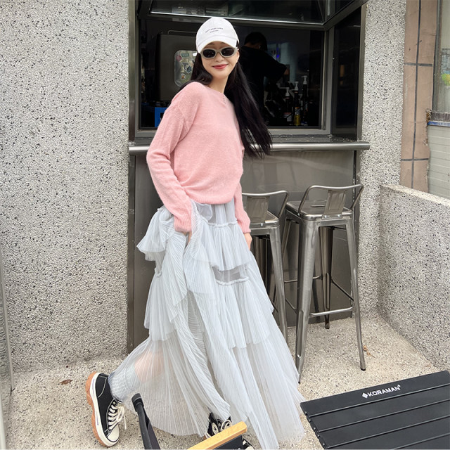 Si four tulle skirt for women with half-body mid-length high waist versatile pleated cake skirt fluffy skirt slim gray tulle skirt

