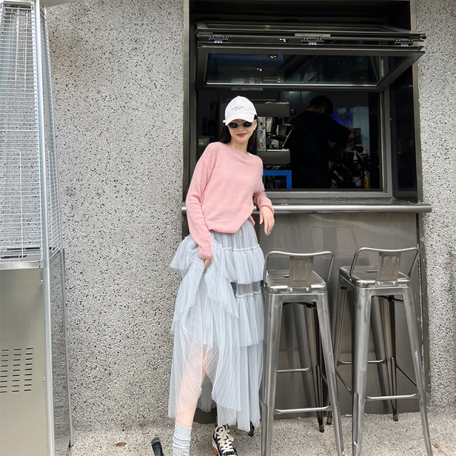 Si four tulle skirt for women with half-body mid-length high waist versatile pleated cake skirt fluffy skirt slim gray tulle skirt
