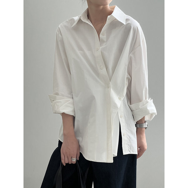 Super beautiful! irregular side slit slanted button-down shirt for women in spring and autumn new design niche and unique top