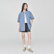 Lee25 spring and summer new loose version stand collar tentacle medium light blue women's short-sleeved denim shirt LWT009857207
