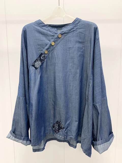 18178 retro blue printed patch oblique button cotton twill denim shirt loose long sleeve pullover top