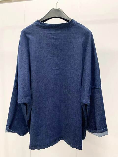 18178 retro blue printed patch oblique button cotton twill denim shirt loose long sleeve pullover top