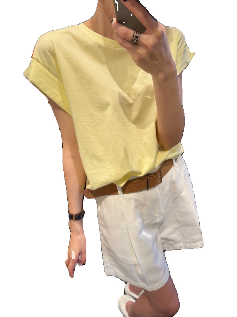 Zhiyan South Korea imported light and thin summer white yellow solid color rolled sleeve round neck small version fitted casual T-shirt