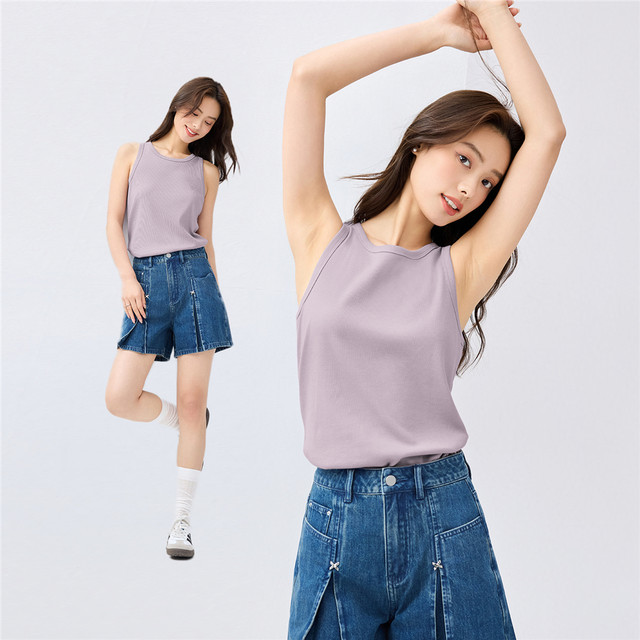 Giordano knitted vest for women, elastic pit strip solid color base shirt, slim round neck sleeveless T-shirt for women 30324209