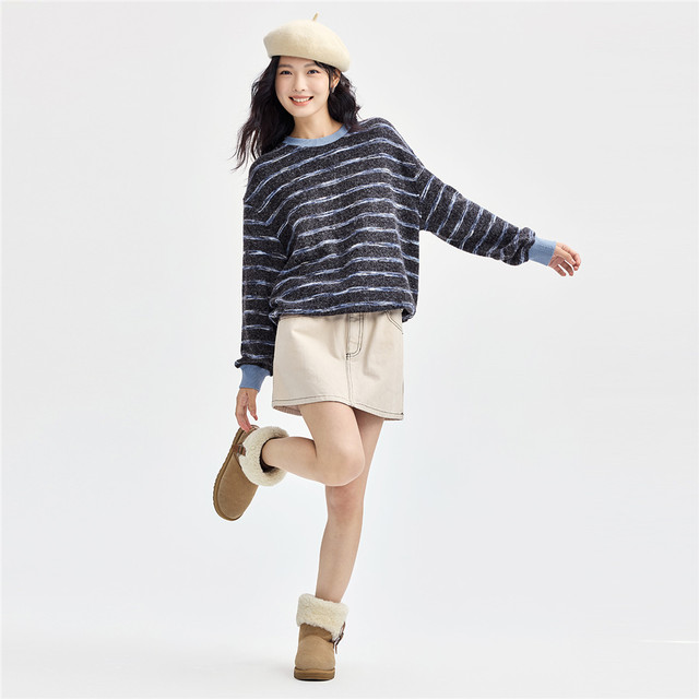 Giordano jacket for women fashionable color-blocking colorful striped velvet pullover loose round neck sweatshirt for women 18324510