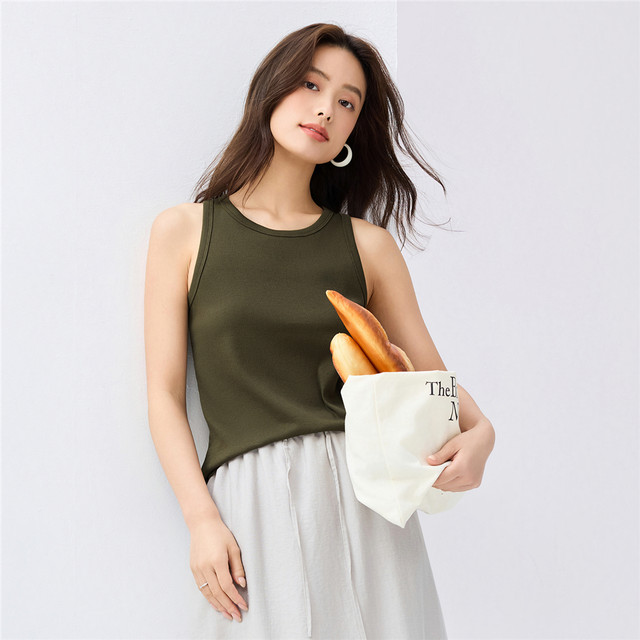 Giordano knitted vest for women, elastic pit strip solid color base shirt, slim round neck sleeveless T-shirt for women 30324209