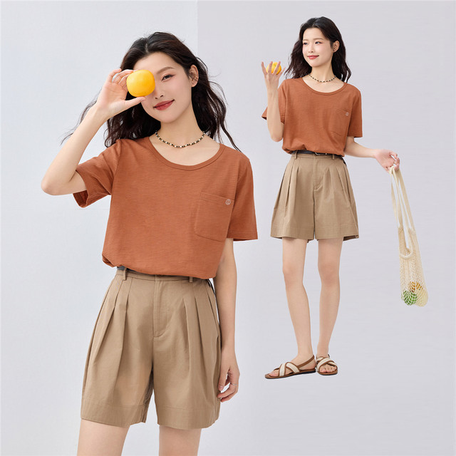 Giordano short-sleeved T-shirt for women in summer new style breathable bamboo joint cotton embroidered pocket round neck top for women 13325225