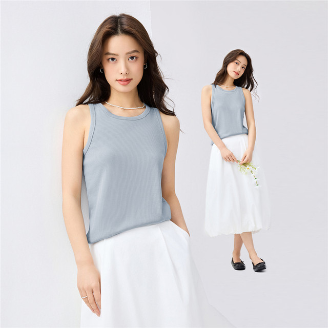 Giordano knitted vest for women, elastic pit strip solid color base shirt, slim round neck sleeveless T-shirt for women 30324209