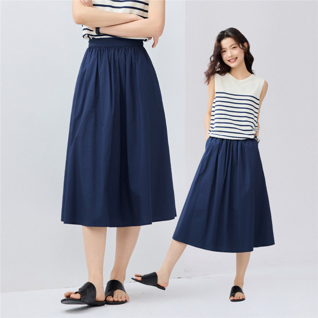 Giordano skirt for women's new summer literary style pure color pure cotton poplin pleated a-line skirt 05465086