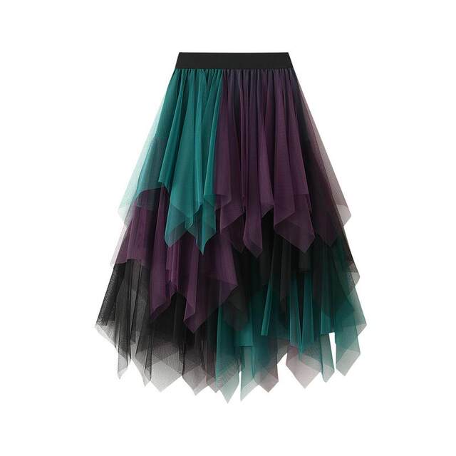 New color-blocking mesh multi-layer irregular and versatile elastic waist mid-length skirt skirt #8063 customized
