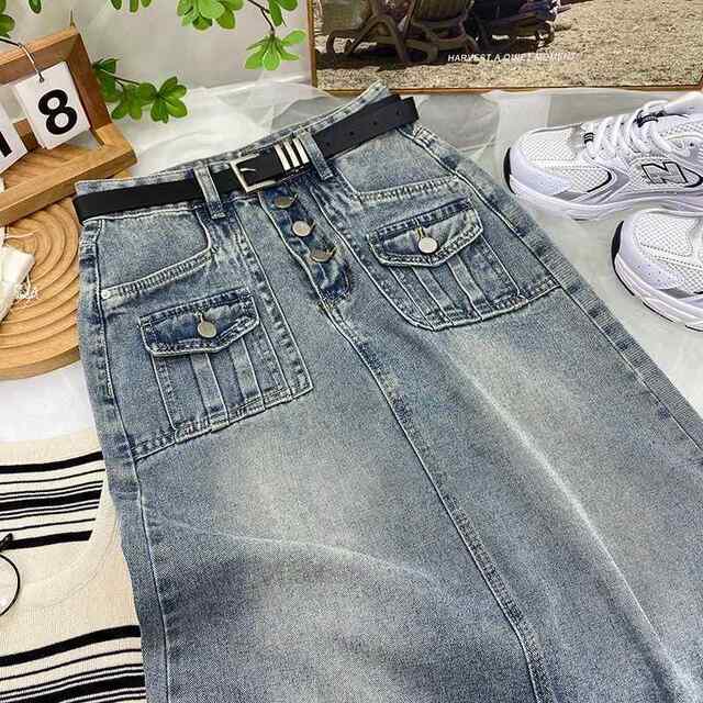 Retro blue buttons Design Senior Skirt Women's Mid -length high -waist A -line skirt 2025 New denim skirt ins