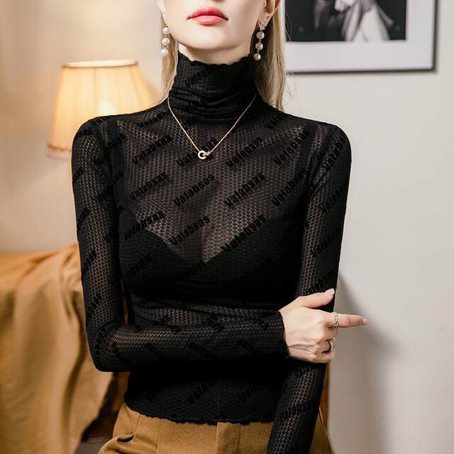 Turtleneck lace base shirt for women slim letters jacquard 2024 autumn new women's clothing underwear top black T-shirt
