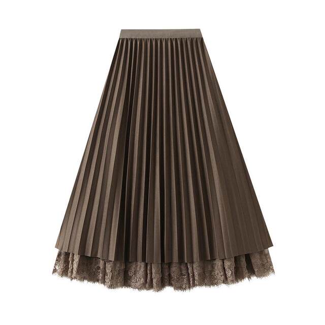 Pleated skirt for women in autumn and winter spliced ​​lace skirt for mid-length two sides with draped fashionable mesh big hem skirt 8611
