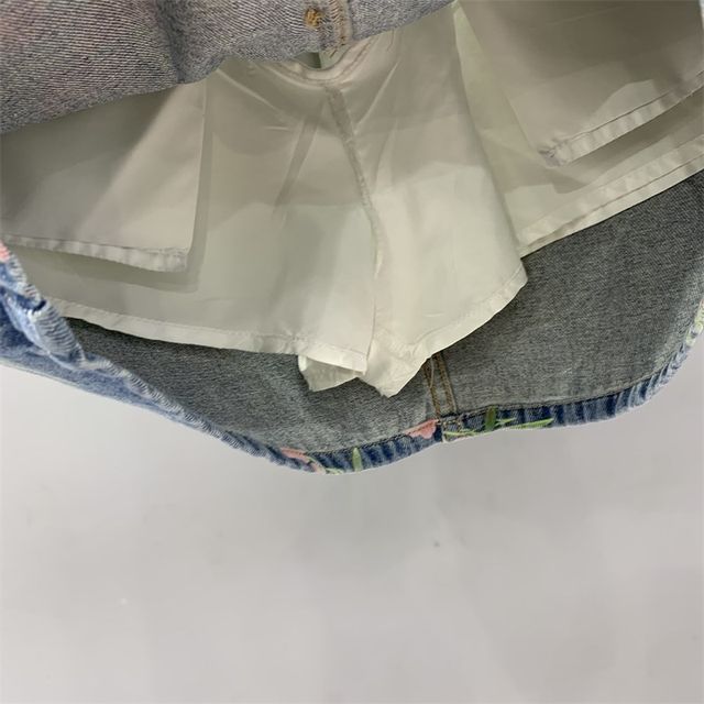 
Flower printed denim skirt for women 2025 summer new retro high waist versatile slim A-line hip skirt