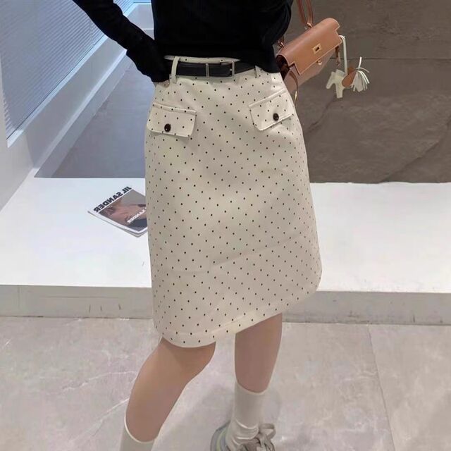 White polka dot printed skirt for women with large size mid-length skirt for summer high waist short skirt versatile slim A-line hip-pack skirt
