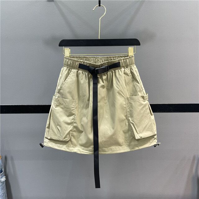 Large pocket worker skirt female 2024 summer new loose waist tape rope thinner A -line casual sports skirt
