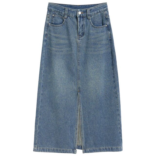 Mambe retro denim skirt for women in summer 2025 new high waist straight loose mid-length temperament large-size skirt