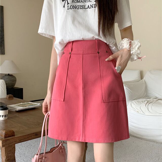 Retro pocket denim skirt for women, large size summer high waist slim mid-length A-line skirt student hip-pack skirt