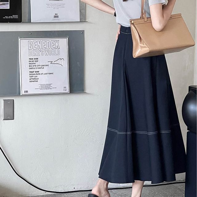 Huaming contrast denim skirt 24 spring and summer slim big umbrella skirt spliced ​​zipper women's high waist mid-length umbrella skirt
