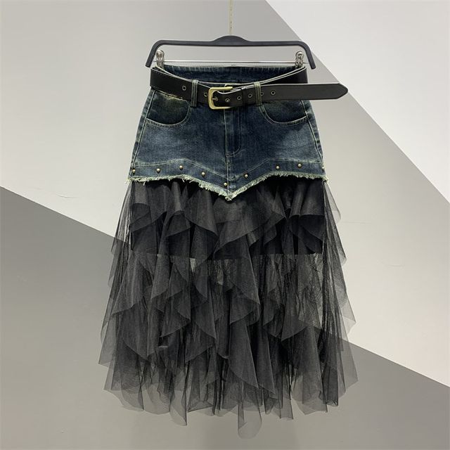 
2025 spring and summer new style of personalized fashionable mesh spliced ​​denim mid-length skirt for women versatile slim A-line skirt
