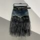 
2025 spring and summer new style of personalized fashionable mesh spliced ​​denim mid-length skirt for women versatile slim A-line skirt