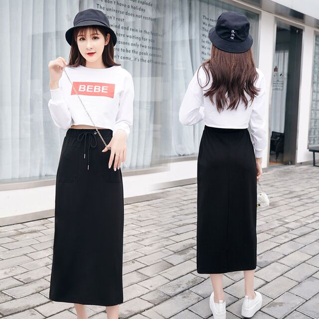versatile mid-length half-body new slit long skirt black skirt 2024 half-skirt high-waisted skirt women's step
