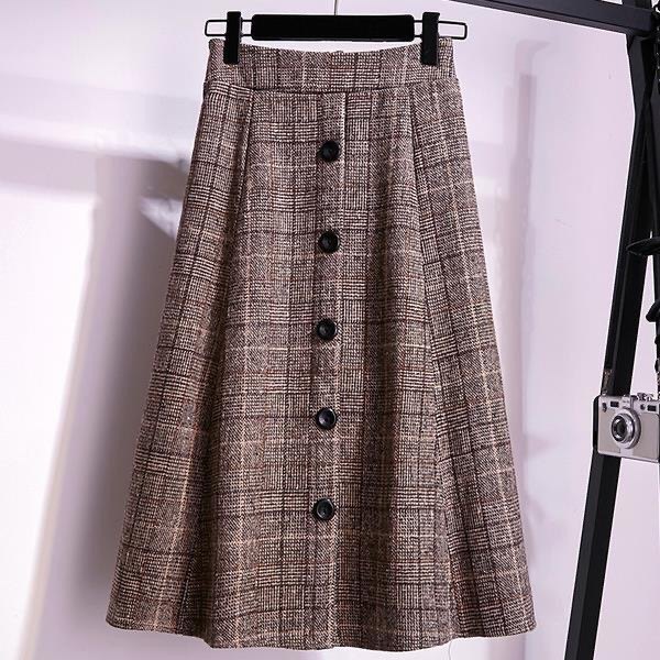 Large -size women's autumn and winter A -character loose waist tight waist grid hair 200jin [Jin is equal to 0.5 kg] Add fat to increase fat mm skirt