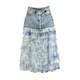 European-style denim splicing versatile slim mesh skirt for women 2025 mid-length cake skirt big hem skirt