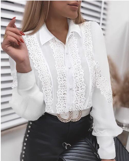 European Station 2023 European and American AliExpress wish hot shirt new solid color lace V-neck cardigan women's shirt
