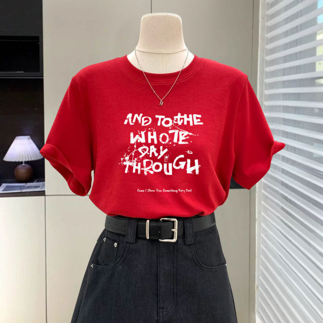 Yellow T-shirt for women's short-sleeved 2025 new summer pen ink letter casual large version loose cotton round neck top trendy