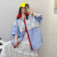 Summer striped retro design sense spliced ​​lace shirt original loose versatile sleeves polo collar top for women