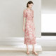 Yanyu ink printing skirt summer women's clothing 2025 new pink mid-length short-sleeved V-neck pleated dress