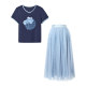 A complete set of simple blue skirt T-shirt suit for 2025 summer new women's clothing temperament commuting outfits