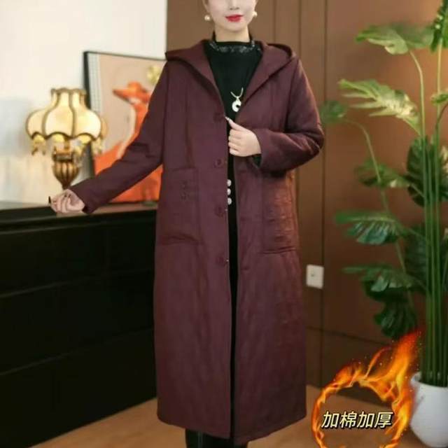 
Cotton hooded windbreaker for women 2025 new mid-length mother jacket solid color large pocket retro casual coat