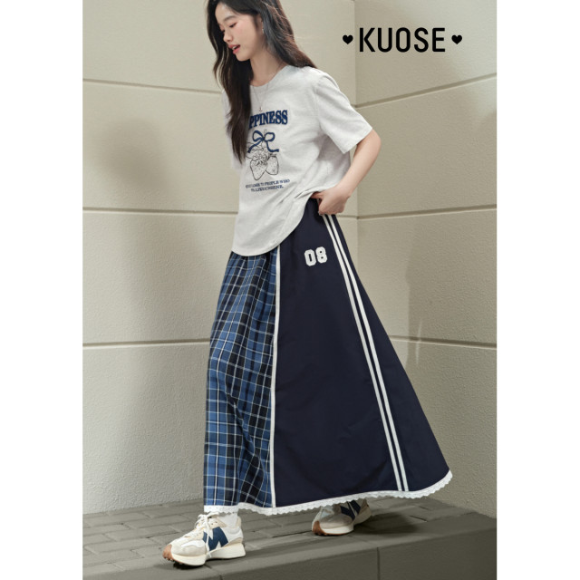 Wide color contrasting plaid spliced ​​casual skirt for women 2025 summer new blue a-line skirt long skirt
