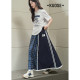 Wide color contrasting plaid spliced ​​casual skirt for women 2025 summer new blue a-line skirt long skirt