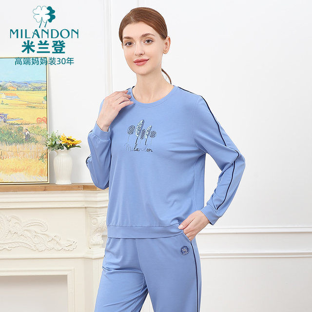 Milanden middle-aged and elderly mothers' clothing 2025 new autumn women's casual long-sleeved round neck embroidered T-shirt thin section