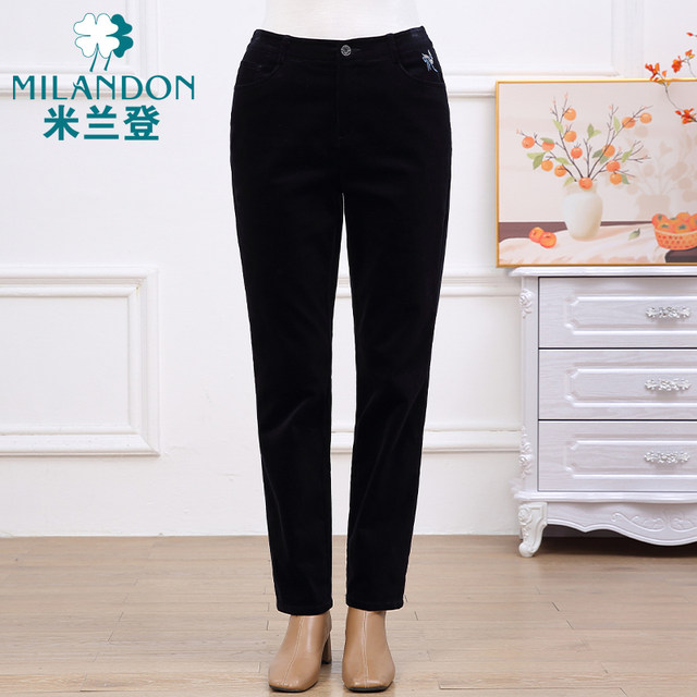 Mirandon Mom Pants 2024 Autumn and Winter New Corduroy Plus Velvet Warm Middle-aged and Elderly Women's Straight Pants