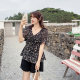 Large size fat sister top female 2023 summer new short -sleeved waist covering flesh, thin and lean mm broken flower chiffon shirt