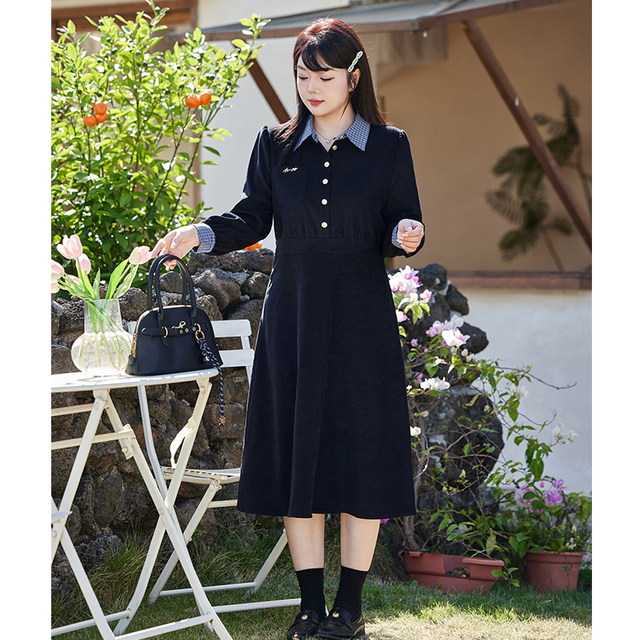 Qiyi winter dress new large size fat sister shows thin dress long plaid shirt collapsed waist grinding hair A -line skirt