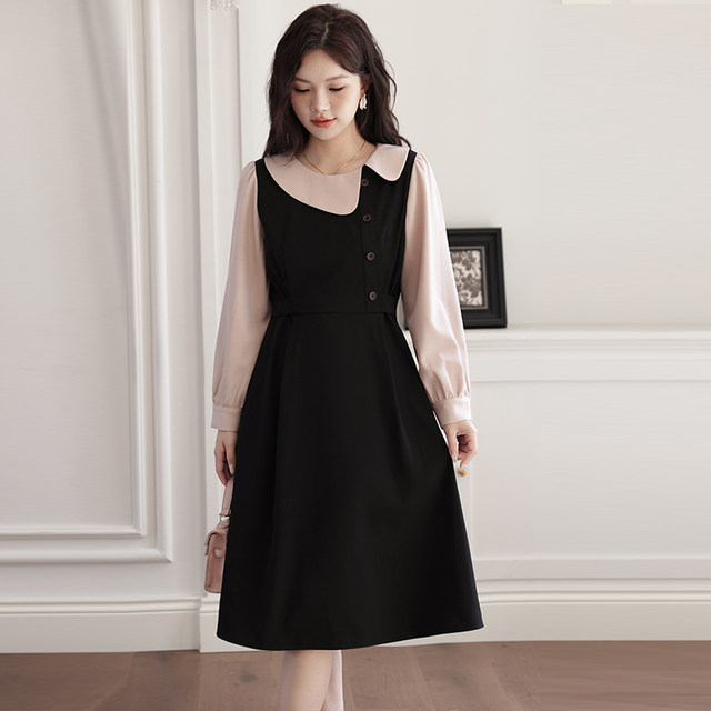 Qisu large size women's autumn new French temperament doll collar to make you look slim and fat MM long-sleeved fake two-piece dress