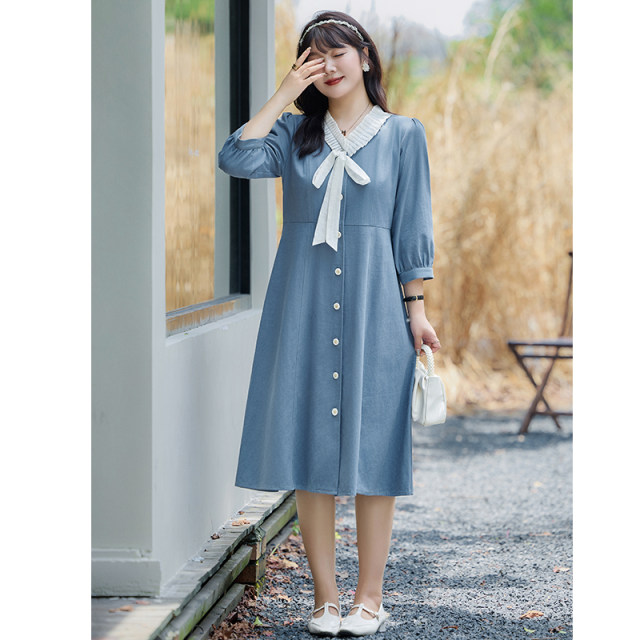 Short and thin MM large size dress 2024 autumn new French bow waist waist A -line anti -denim long skirt