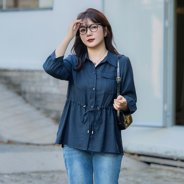 Large -size women's long -sleeved shirt autumn new polo collar seven -point sleeve waist thin and thin fat mm cardigan women's top
