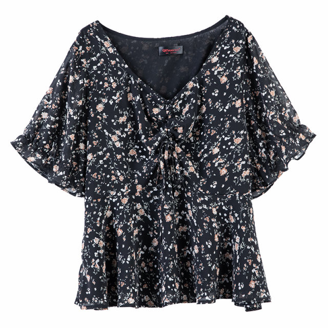 Large size fat sister top female 2023 summer new short -sleeved waist covering flesh, thin and lean mm broken flower chiffon shirt
