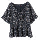 Large size fat sister top female 2023 summer new short -sleeved waist covering flesh, thin and lean mm broken flower chiffon shirt