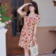 Large size women's floral chiffon dress 2023 summer new French square collar slim and fat mm lotus leaf sling skirt