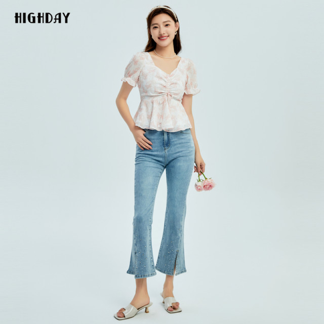 Highday Xuanri 2024 summer new printed slim puff sleeve top for women ruffle short-sleeved shirt ins