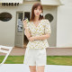 Highday Xuanri summer V-neck texture puff sleeve shirt women's fashionable slim printed short-sleeved top chic